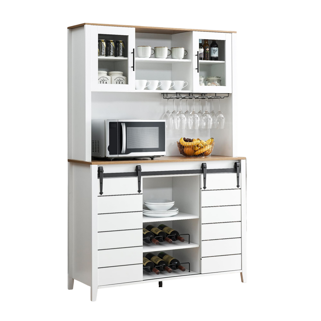 Garvee 70'' Wine Coffee Bar Cabinet with Storage Hutch, Tall Kitchen Pantry Liquor Cabinet with Sliding Barn Doors, Bottle Glasses Rack, Farmhouse Buffet for Home Dining Room, White
