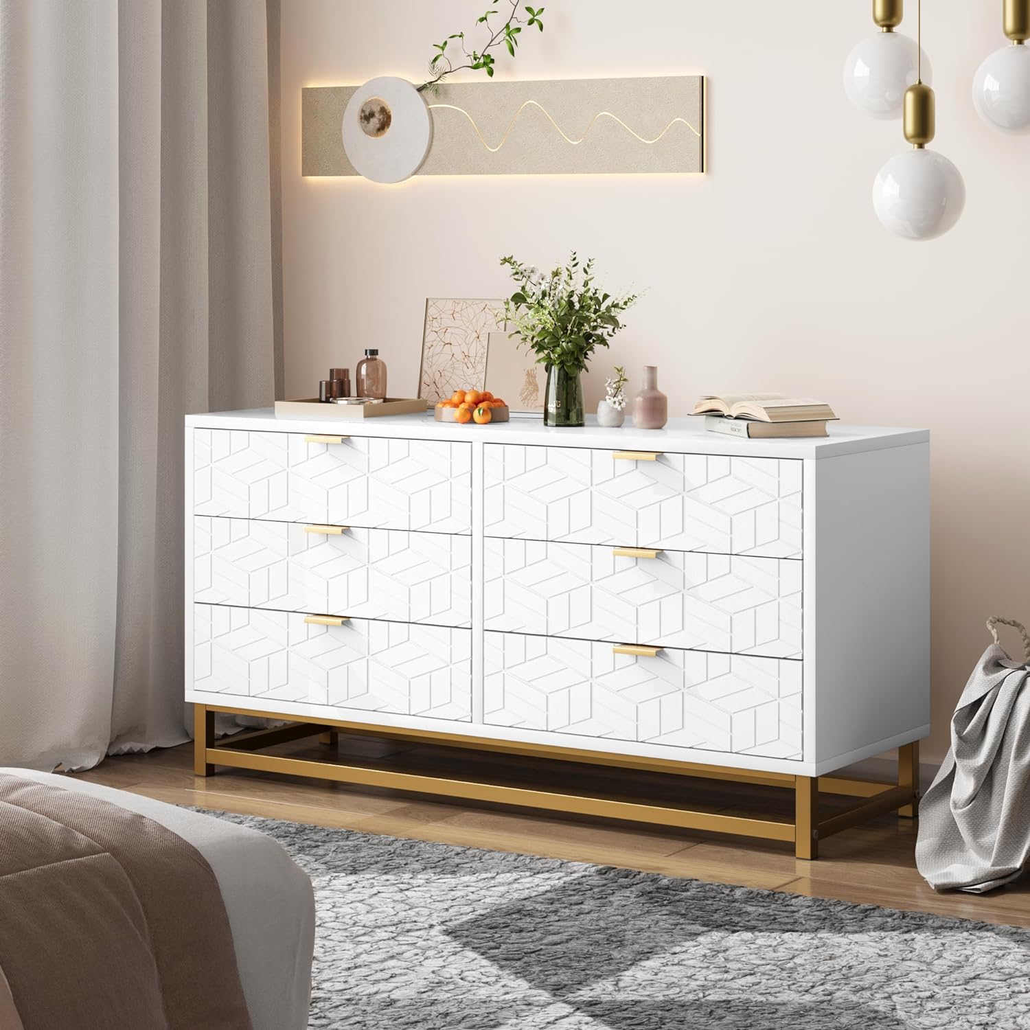 Garvee White 6 Drawer Dresser for Bedroom, Chest of Drawers with Metal Base, Modern Dresser Chest Cabinet Organizer, Large Dresser for Living Room, Hallway, Closet