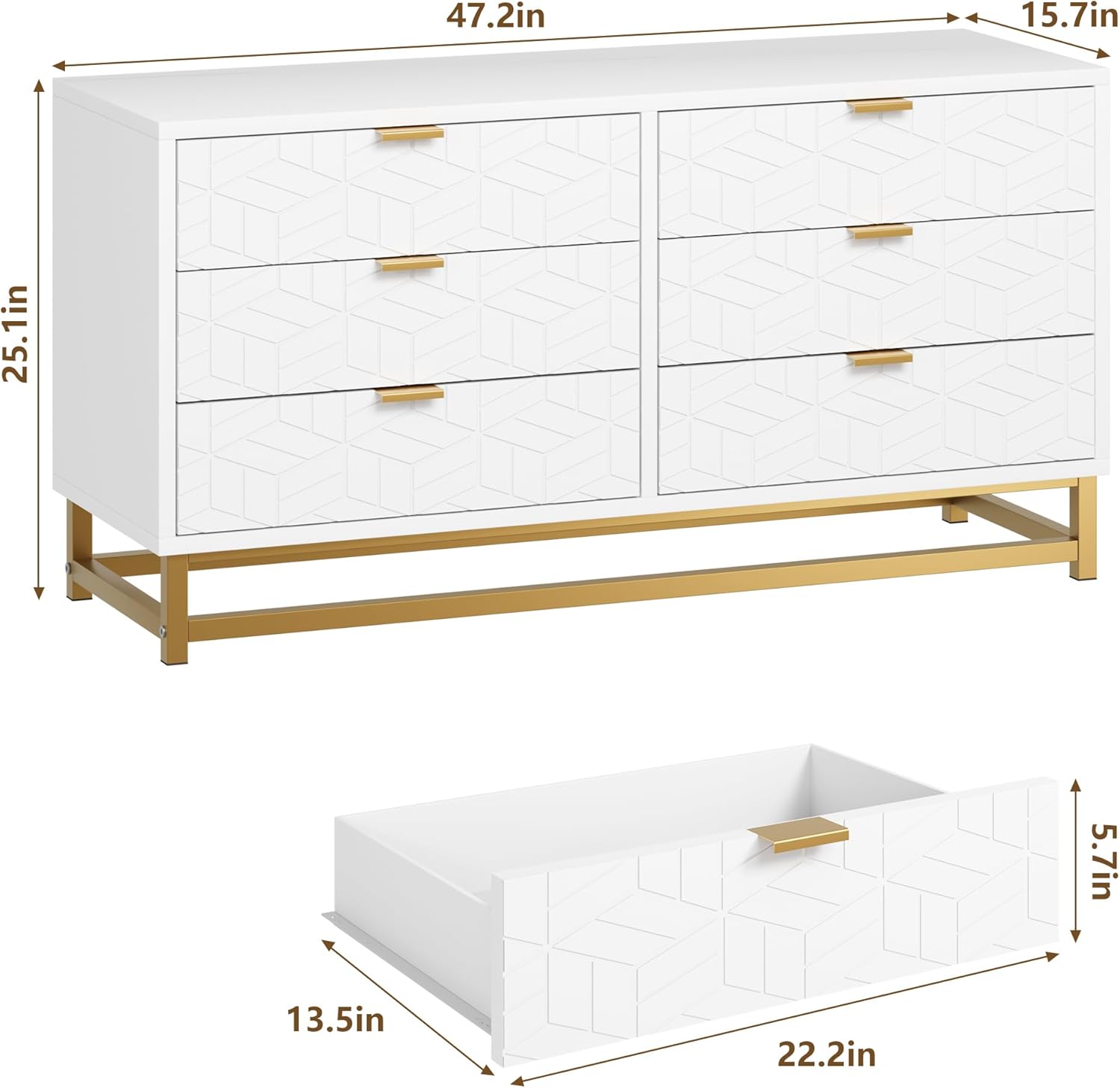 Garvee White 6 Drawer Dresser for Bedroom, Chest of Drawers with Metal Base, Modern Dresser Chest Cabinet Organizer, Large Dresser for Living Room, Hallway, Closet
