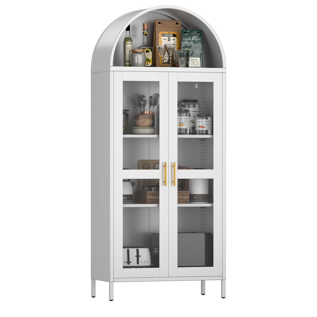 Garvee 73" Arched Glass Door Storage Cabinet, Metal Storage Cabinet with 2 Adjustable Shelves, Modern Kitchen Pantry with Glass Door, Versatile Cupboard for Living/Dinning Room, White