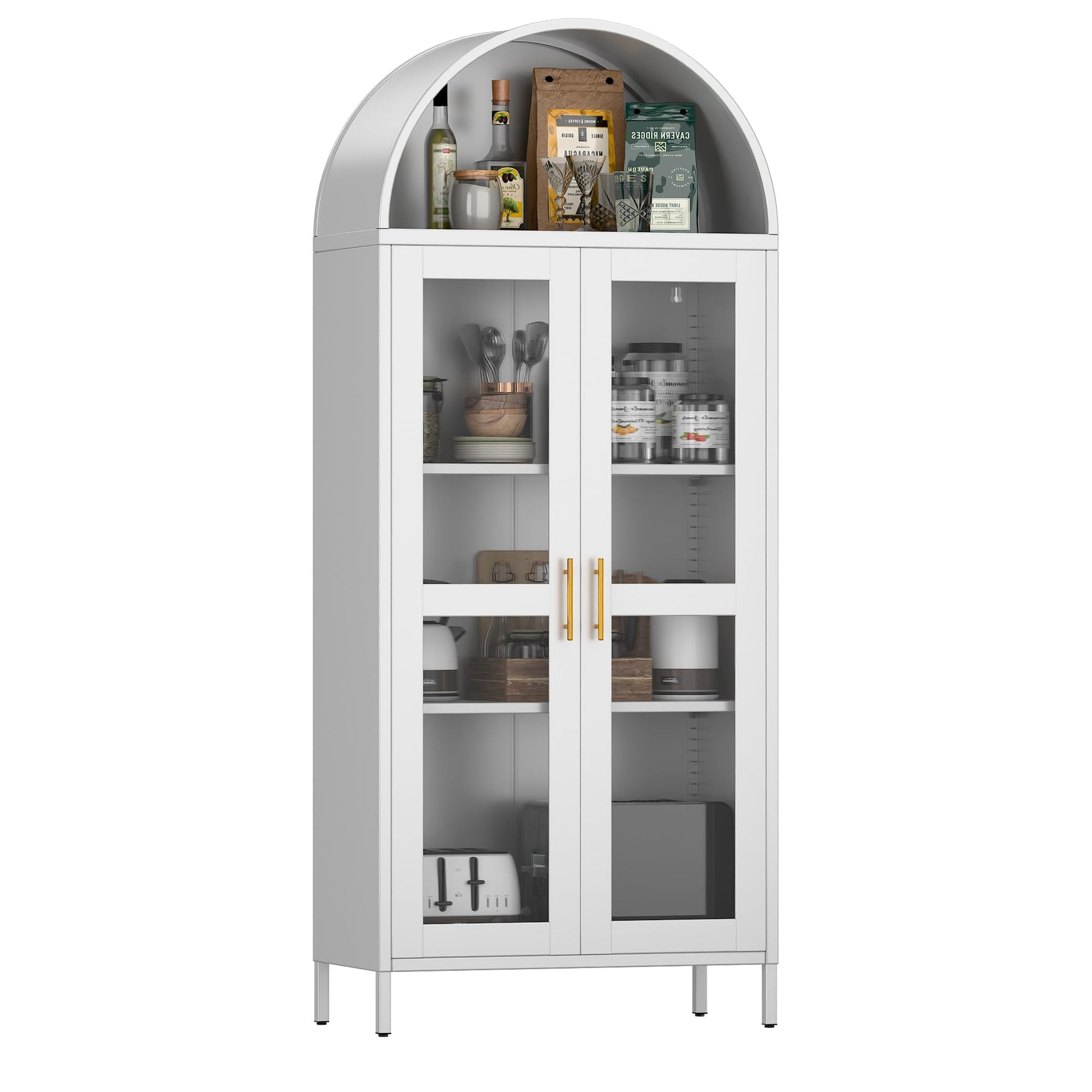 Garvee 73" Arched Glass Door Storage Cabinet, Metal Storage Cabinet with 2 Adjustable Shelves, Modern Kitchen Pantry with Glass Door, Versatile Cupboard for Living/Dinning Room, White
