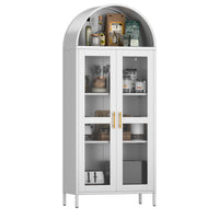 Garvee 73" Arched Glass Door Storage Cabinet, Metal Storage Cabinet with 2 Adjustable Shelves, Modern Kitchen Pantry with Glass Door, Versatile Cupboard for Living/Dinning Room, White