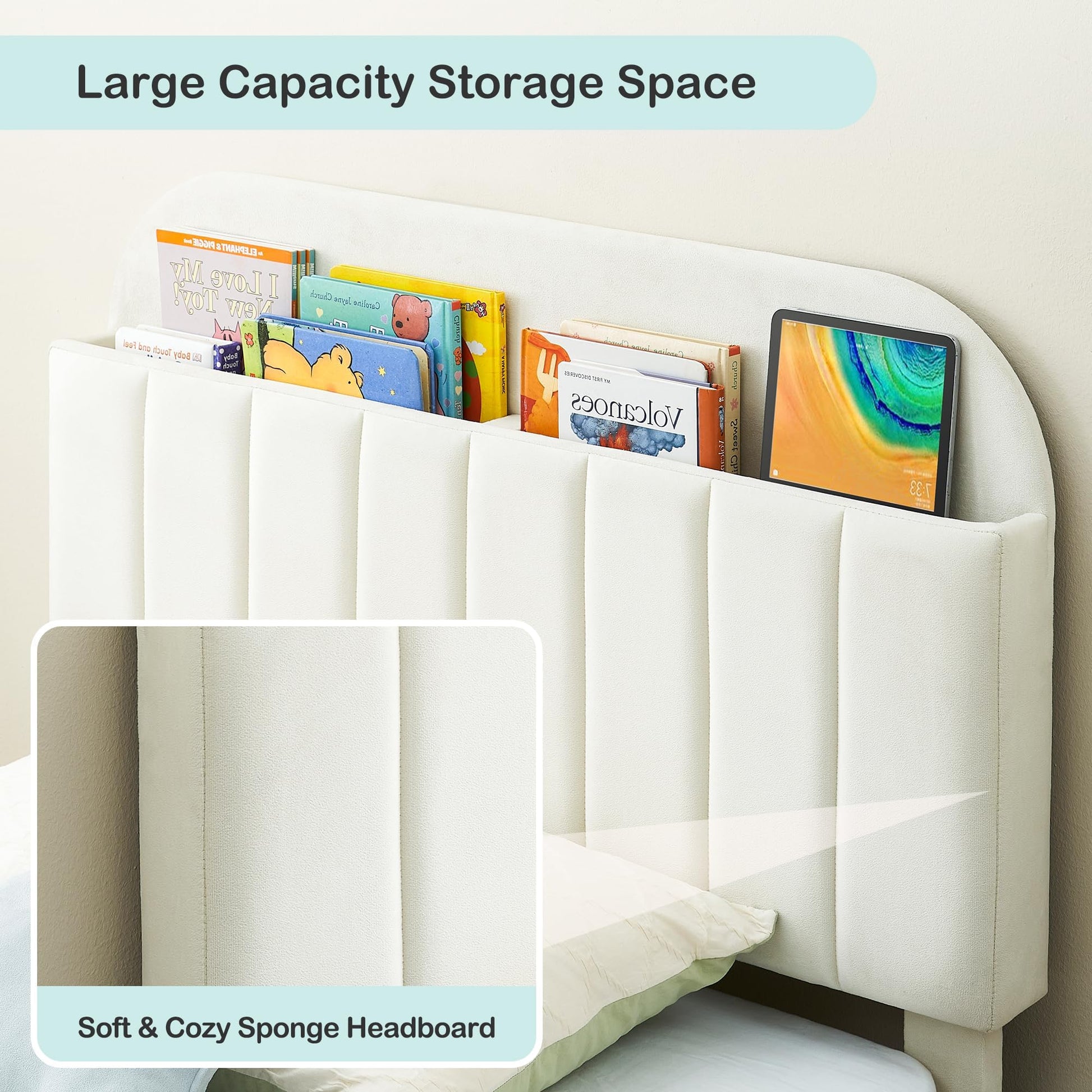 Garvee Twin Bed Frame with Drawer, Velvet Upholstered Platform Bed Frame with Storage Headboard, No Box Spring Needed, Easy Assembly, Noise-Free, Off White