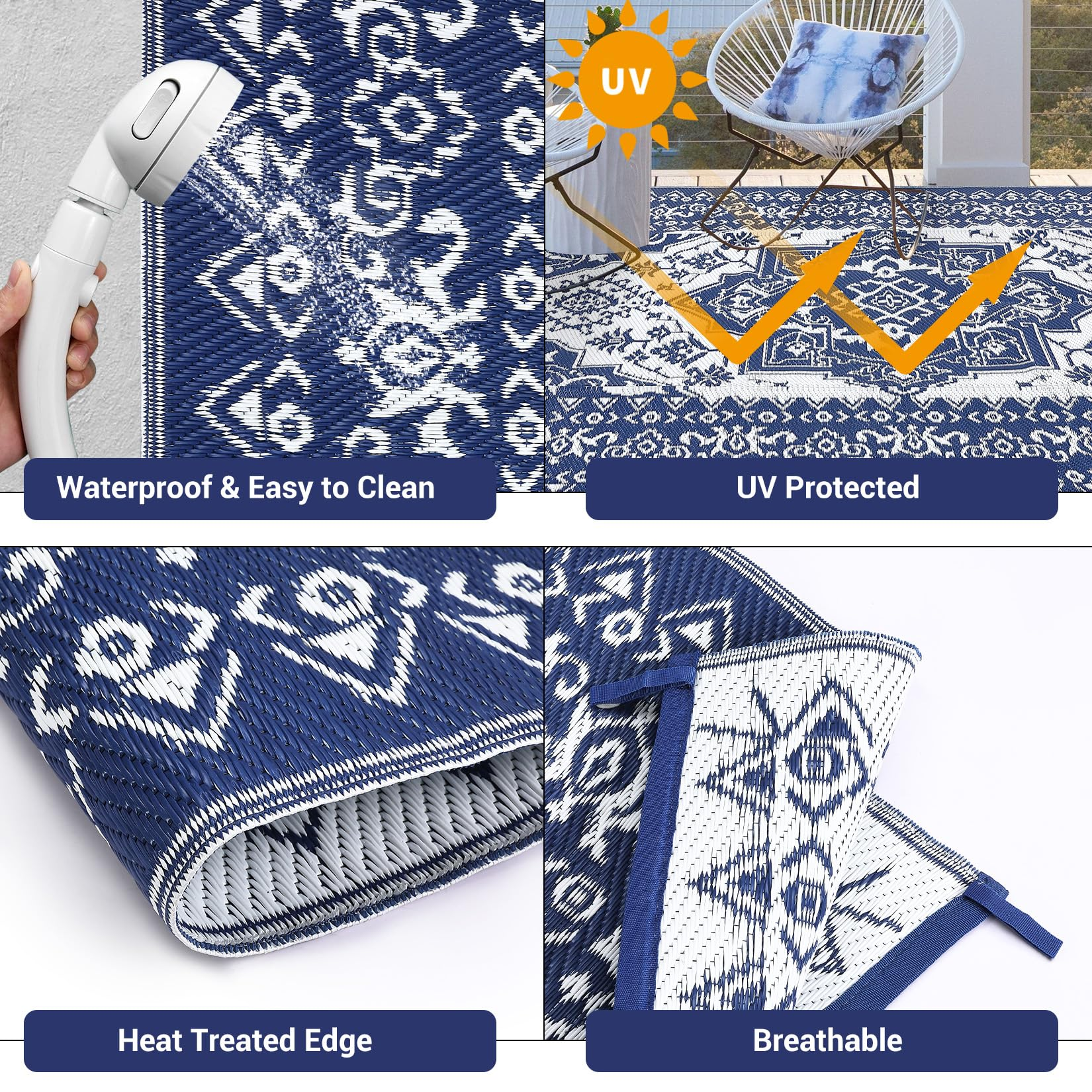 Garvee Outdoor Navy Blue & White 8x10 Plastic Straw Rug, Waterproof Stain Resistant Reversible Carpet for Camping, Backyard, RV, Patio