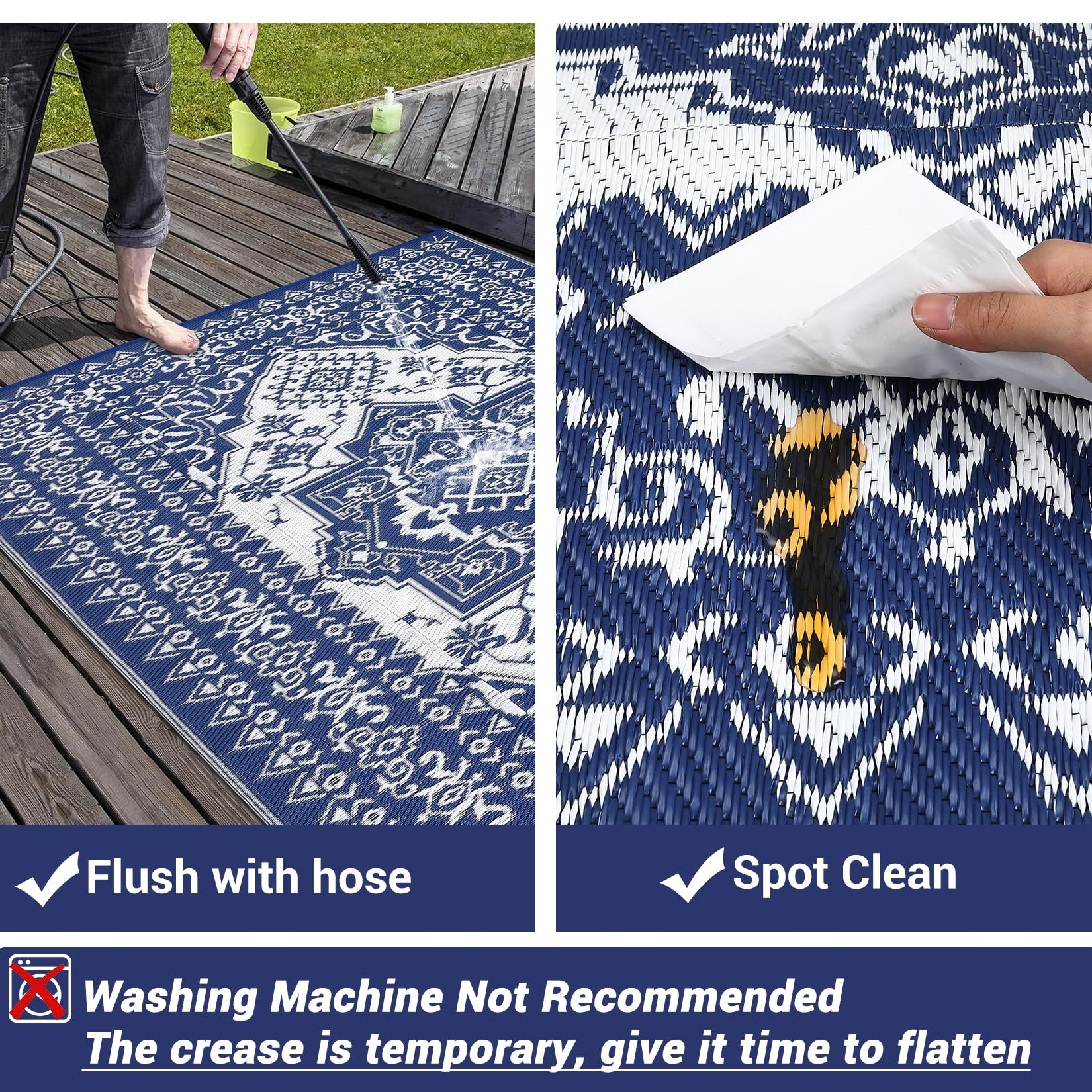 Garvee Outdoor Navy Blue & White 8x10 Plastic Straw Rug, Waterproof Stain Resistant Reversible Carpet for Camping, Backyard, RV, Patio