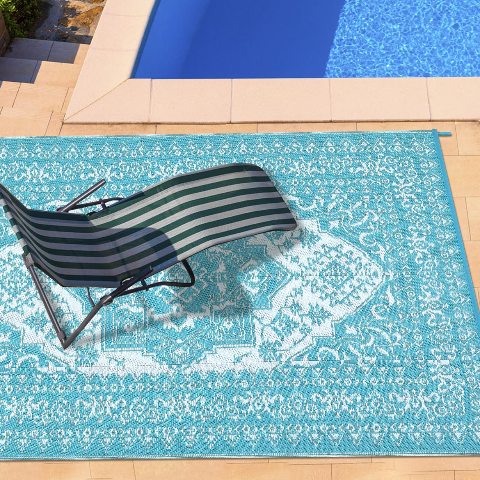 Garvee Outdoor Light Blue & White 9x12 Rug Plastic Straw Waterproof Reversible Mat for Patio, Deck, RV, Camping Decor