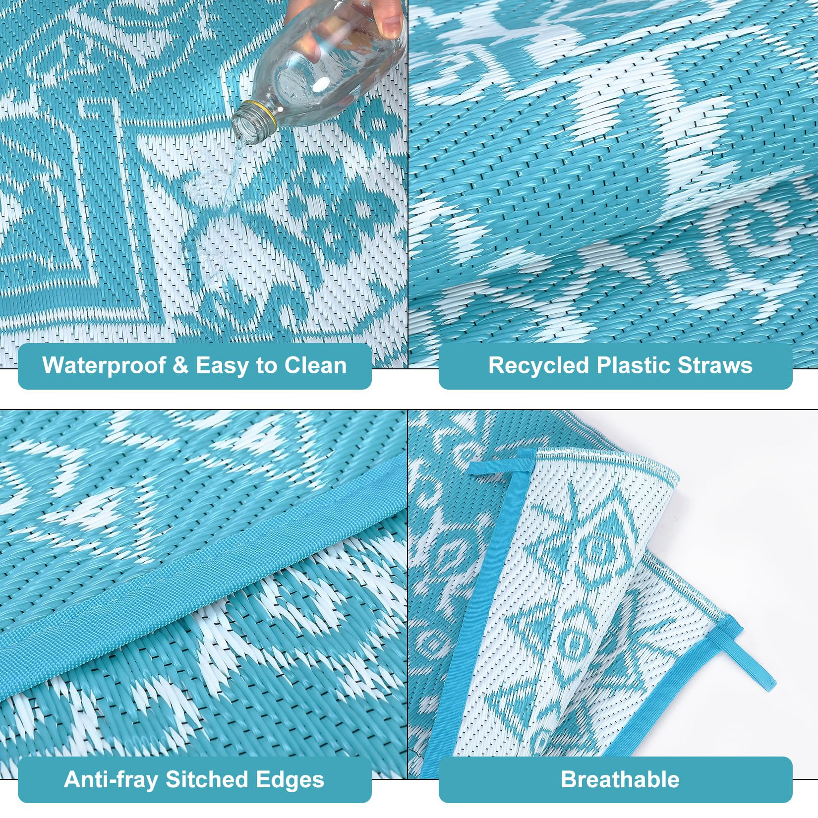 Garvee Outdoor Light Blue & White 9x12 Rug Plastic Straw Waterproof Reversible Mat for Patio, Deck, RV, Camping Decor