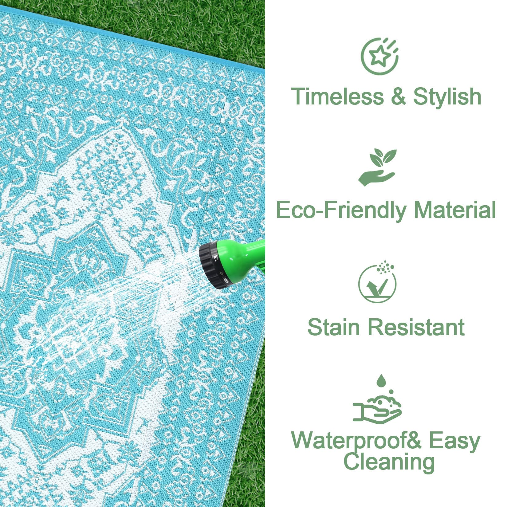 Garvee Outdoor Light Blue & White 9x12 Rug Plastic Straw Waterproof Reversible Mat for Patio, Deck, RV, Camping Decor