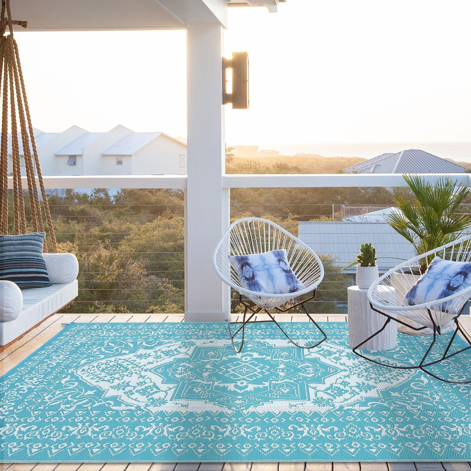 9x12 outdoor rug with waterproof reversible design for patio or balcony in turquoise plastic straw material
