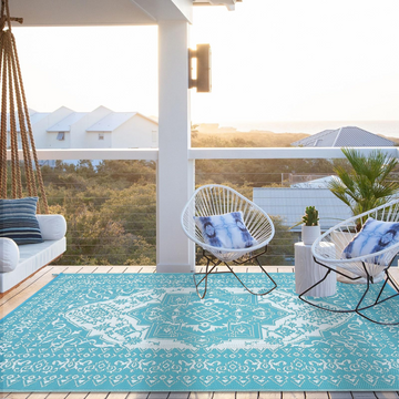 9x12 outdoor rug with waterproof reversible design for patio or balcony in turquoise plastic straw material