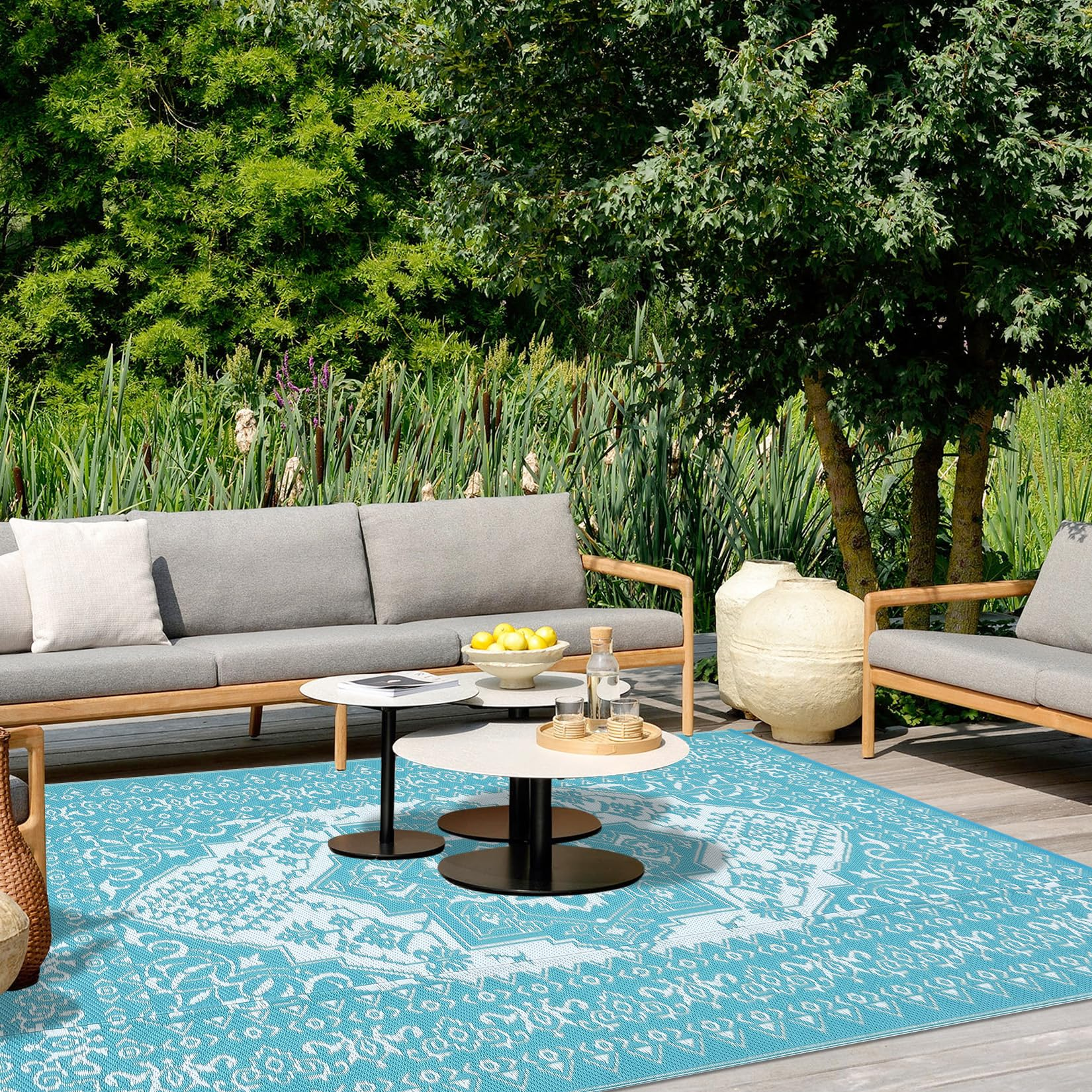 Garvee Outdoor Light Blue & White 9x12 Rug Plastic Straw Waterproof Reversible Mat for Patio, Deck, RV, Camping Decor