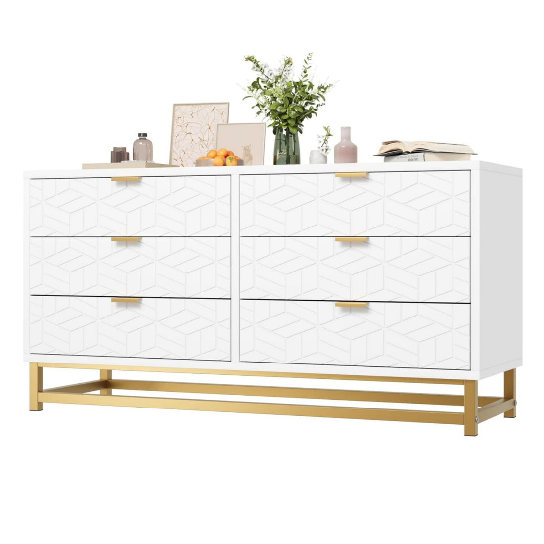 Garvee White 6 Drawer Dresser for Bedroom, Chest of Drawers with Metal Base, Modern Dresser Chest Cabinet Organizer, Large Dresser for Living Room, Hallway, Closet