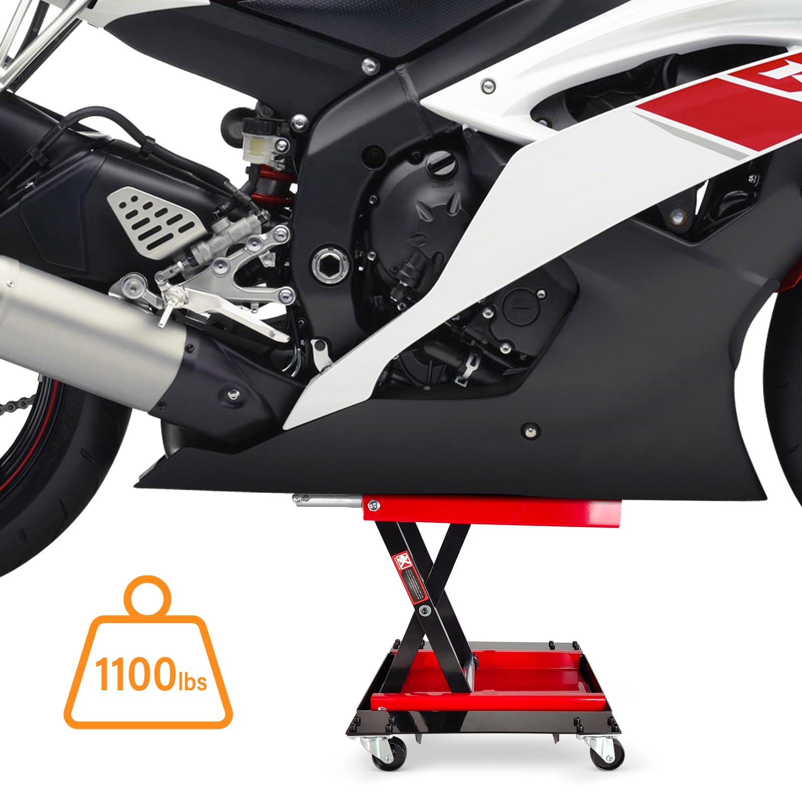Garvee 1100 LBS Motorcycle Dirt Bike Scooter Crank Stand With Casters, Wide Deck Motorcycle Center Scissor Lift Jack Repair Hoist Stand Bikes ATVs