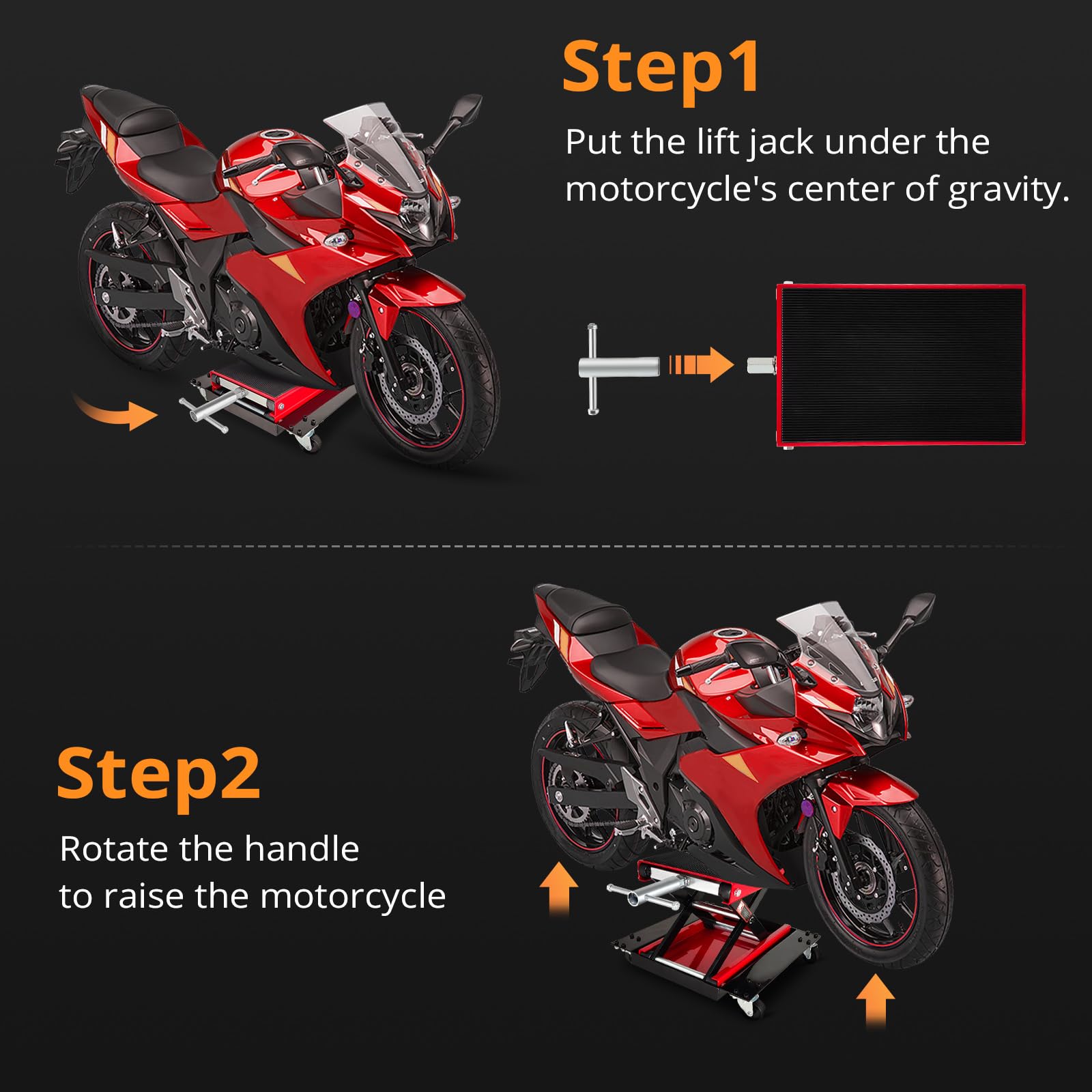 Garvee 1100 LBS Motorcycle Dirt Bike Scooter Crank Stand With Casters, Wide Deck Motorcycle Center Scissor Lift Jack Repair Hoist Stand Bikes ATVs