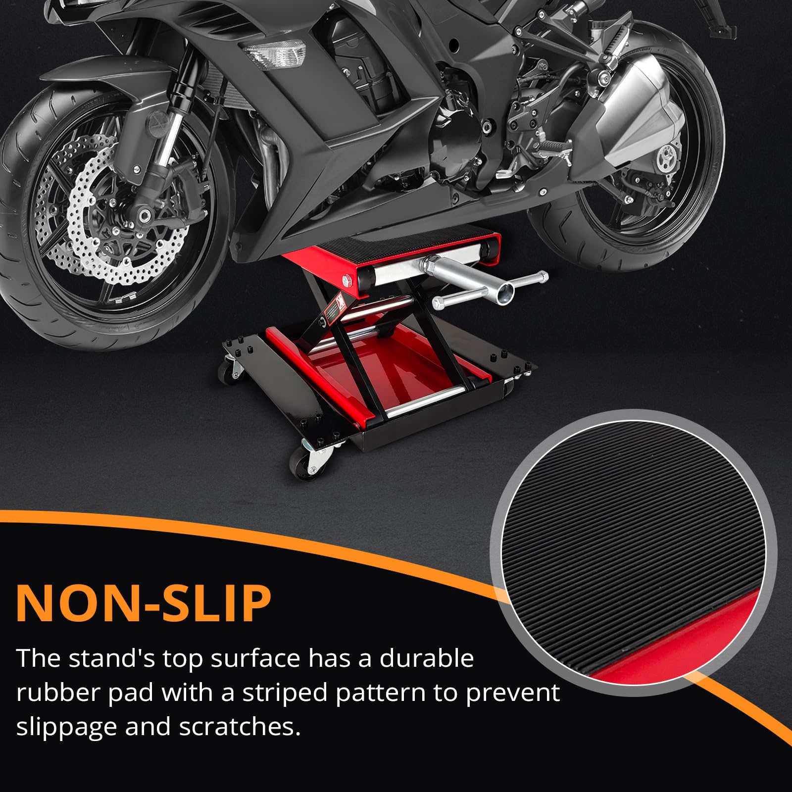 Garvee 1100 LBS Motorcycle Dirt Bike Scooter Crank Stand With Casters, Wide Deck Motorcycle Center Scissor Lift Jack Repair Hoist Stand Bikes ATVs