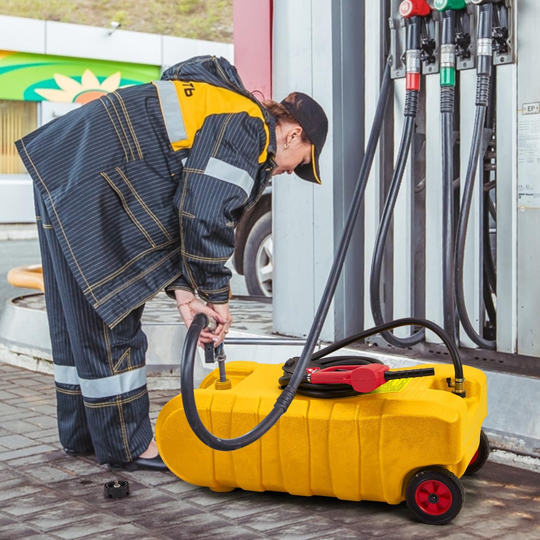 Garvee 15 Gallon Portable Fuel Caddy, 10-ft hose, siphon pump, 7.5 L/min manual nozzle, diesel/gasoline tank - Yellow