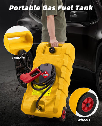 Garvee 2-Pack 15 Gallon Portable Fuel Caddy with Manual Pump - Heavy-Duty Fuel Transfer Tank with Storage Toolbox, 10FT Delivery Hose, Mobile Gas Caddy for Cars, Lawn Mowers, and Boats, Yellow + Red