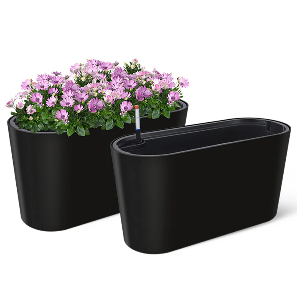 Garvee Tall Oval Planter + Durable All-Weather + Removable Insert + Plastic  + Modern Design + Black + Outdoor/Patio/Porch
