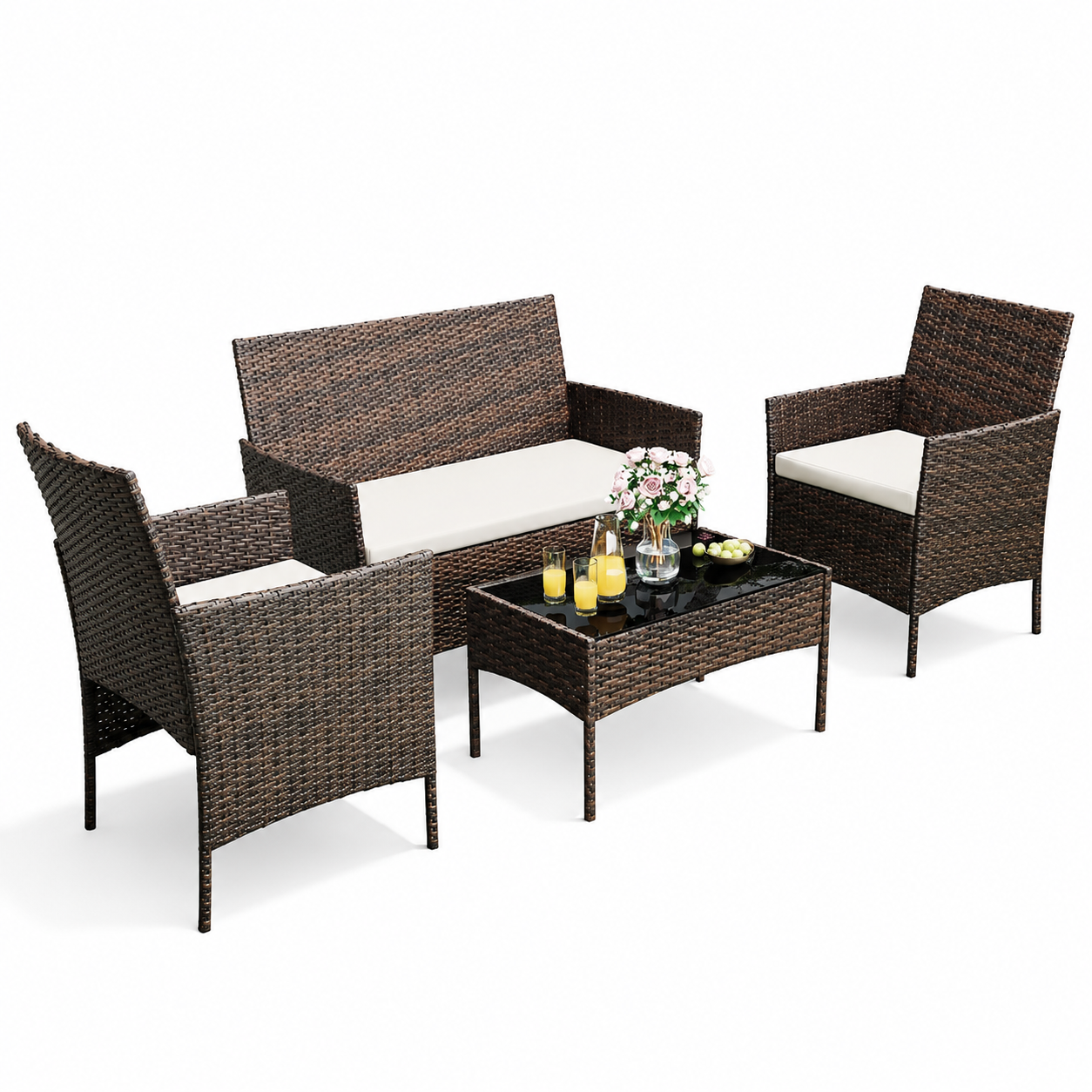 Garvee Weather-Resistant 4-Piece Patio Bar Set – Rattan Bistro Outdoor Furniture with Glass Table, Creamy-White Cushions, Ideal for Garden, Backyard, Porch, Balcony – Brown Gradient Rattan + Creamy-White Cushion