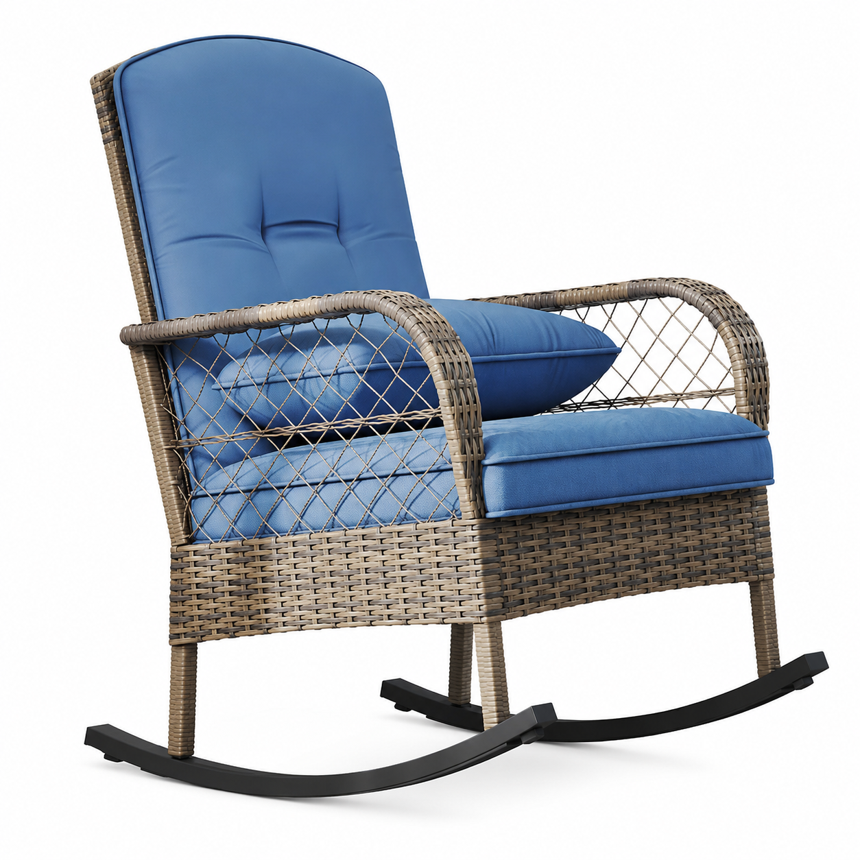 Garvee Outdoor Wicker Rocking Chair, Blue Cushioned PE Rattan Patio Rocker with Steel Frame for Porch, Garden, Backyard & Deck