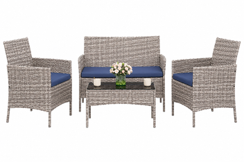 Garvee 4-Piece Rattan Patio Conversation Set, Gray Wicker Outdoor Sofa Set with Blue Cushions & Glass Table