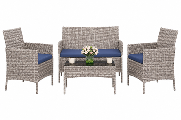 Garvee 4-Piece Rattan Patio Conversation Set, Gray Wicker Outdoor Sofa Set with Blue Cushions & Glass Table