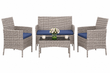 Garvee 4-Piece Rattan Patio Conversation Set, Gray Wicker Outdoor Sofa Set with Blue Cushions & Glass Table - Gray / Blue