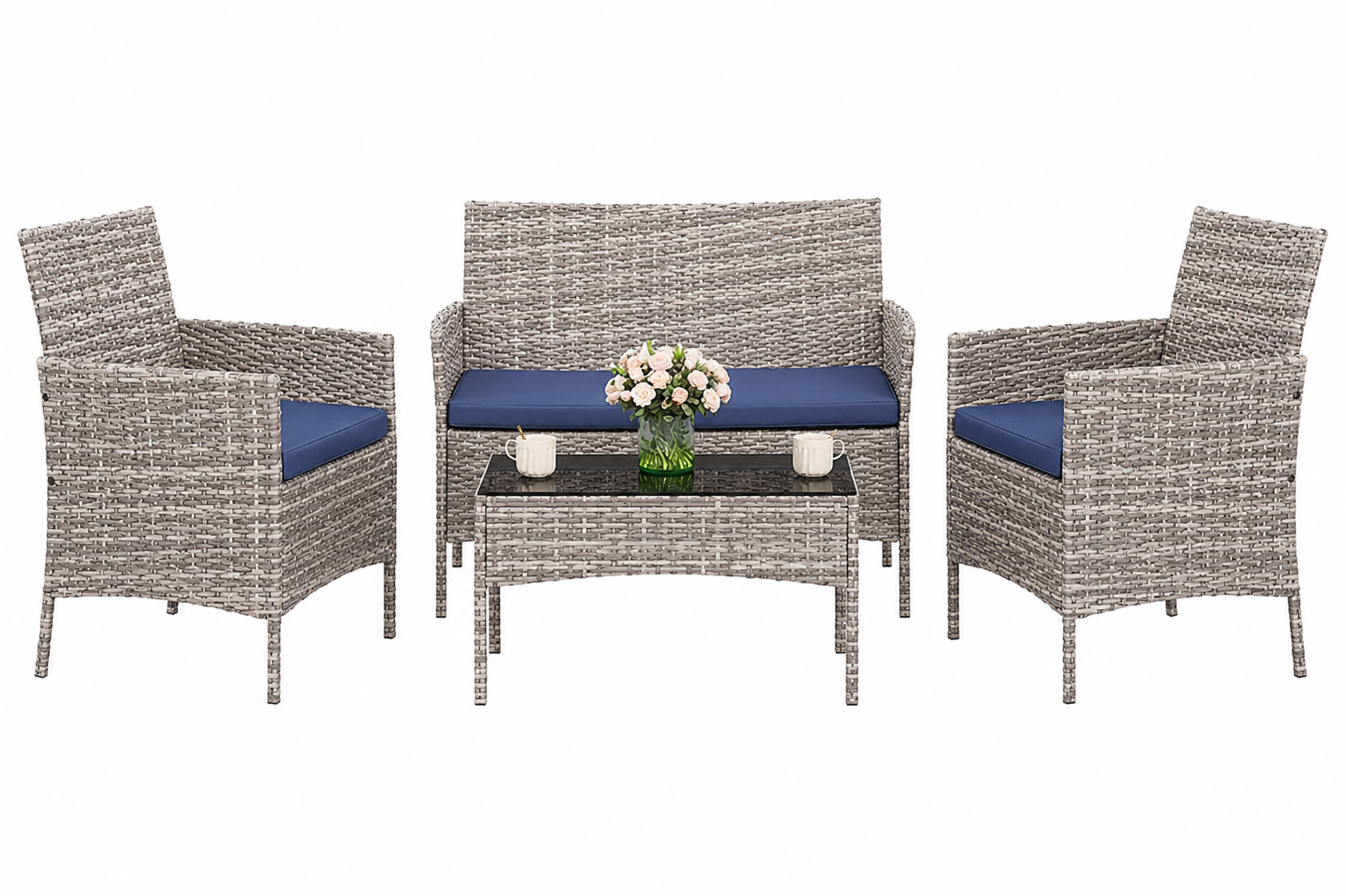 Garvee 4-Piece Rattan Patio Conversation Set, Gray Wicker Outdoor Sofa Set with Blue Cushions & Glass Table