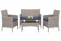 Garvee 4-Piece Rattan Patio Conversation Set, Gray Wicker Outdoor Sofa Set with Blue Cushions & Glass Table