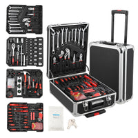 Garvee 800-Piece Tool Kit with Aluminum Trolley Case - Mechanic Rolling Tool Box, Socket Wrench Hand Tools, Household Repair Kit, and Tool Belt
