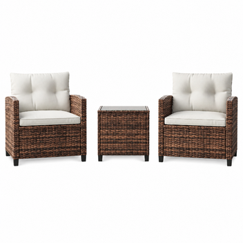 Garvee 3-Piece Patio Furniture Set with PE Rattan Chairs & Tempered Glass Table, Brown Gradient Wicker Outdoor Bistro Conversation Set with Washable Beige Cushions for Porch, Garden, Balcony & Deck