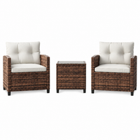 Garvee 3-Piece PE Rattan Patio Conversation Set, Outdoor Wicker Chairs with Cushions & Tempered Glass Table, Brown & Beige