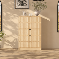 Garvee Fluted Tall Dresser 5 Drawer Mid-Century Modern Rounded Edge Walnut Wood Soft-Close Drawers Bedroom Living Room