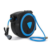 Garvee Retractable Garden Hose Reel, 5/8" x 65ft, Wall-Mounted with 180° Swivel Bracket, 9-Pattern Nozzle, Any Length Lock, Auto-Rewind Slow Return System - Blue
