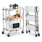 Garvee Foldable Service Cart w/ 360°Swivel Wheels Lockable, XL 3-Tier Collapsible Utility Carts 400 Lbs Large Loading for Restaurant Garage Warehouse Office, Heavy Duty Stainless Steel, Rubber Handles