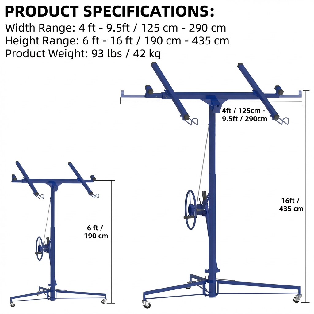 Garvee 16FT Heavy Duty Drywall Lift - 150LBS Sheetrock Panel Hoist - 360° Adjustable Telescopic Arm - 3 Lockable Wheels - Collapsible Jack for Ceiling & Wall Installation - Blue