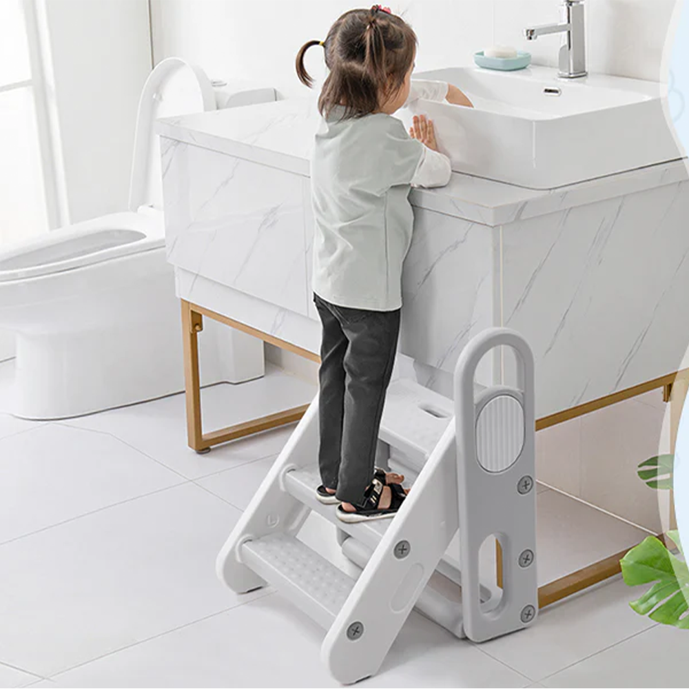 Garvee Foldable Toddler Step Stool, 3-Step Adjustable Nursery Ladder with Handles for Bathroom, Kids Toilet Potty Training and Kitchen Helper, Grey