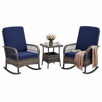 Garvee 3-Piece Patio Bistro Set with Swivel Rocking Chairs, All-Weather PE Rattan Outdoor Conversation Set with Glass Side Table & Blue Cushions for Porch, Patio, Garden, Backyard, Balcony – Brown Rattan
