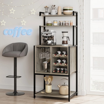 Garvee 5-Tier Wine Baker Rack with Glass Holder & Wine Storage, Standing Metal Organizer Shelf Industrial Wine Display Shelf Wine Bar Cabinet for Dining Room Bar (Grey)
