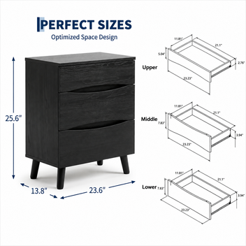 Garvee Compact 3-Drawer Bedside Cabinet Bedside Table - Space-Saving Storage End Table Cabinet, Sturdy Frame, Easy Assembly - Black