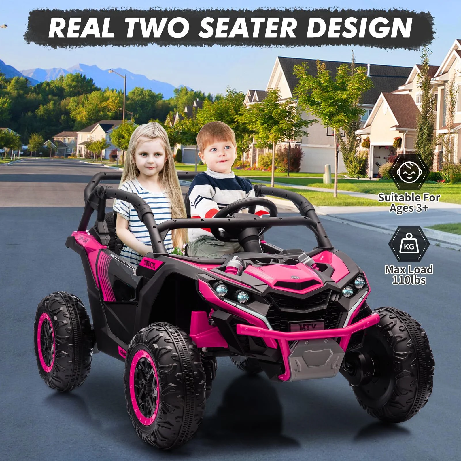 Garvee Ride - P Series: 24V Ride On Utv For Kids,2 Seater 4WD Electric Truck With Remote Control, High And Low Speed Adjustment, Led Lights, 4 Shock Absorbersm,One Click Start, Music Player(Rose)