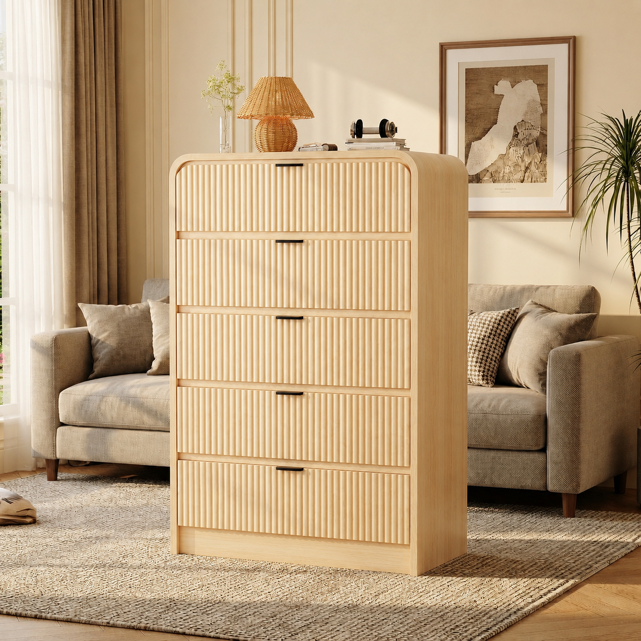 Garvee Fluted Tall Dresser 5 Drawer Mid-Century Modern Rounded Edge Walnut Wood Soft-Close Drawers Bedroom Living Room