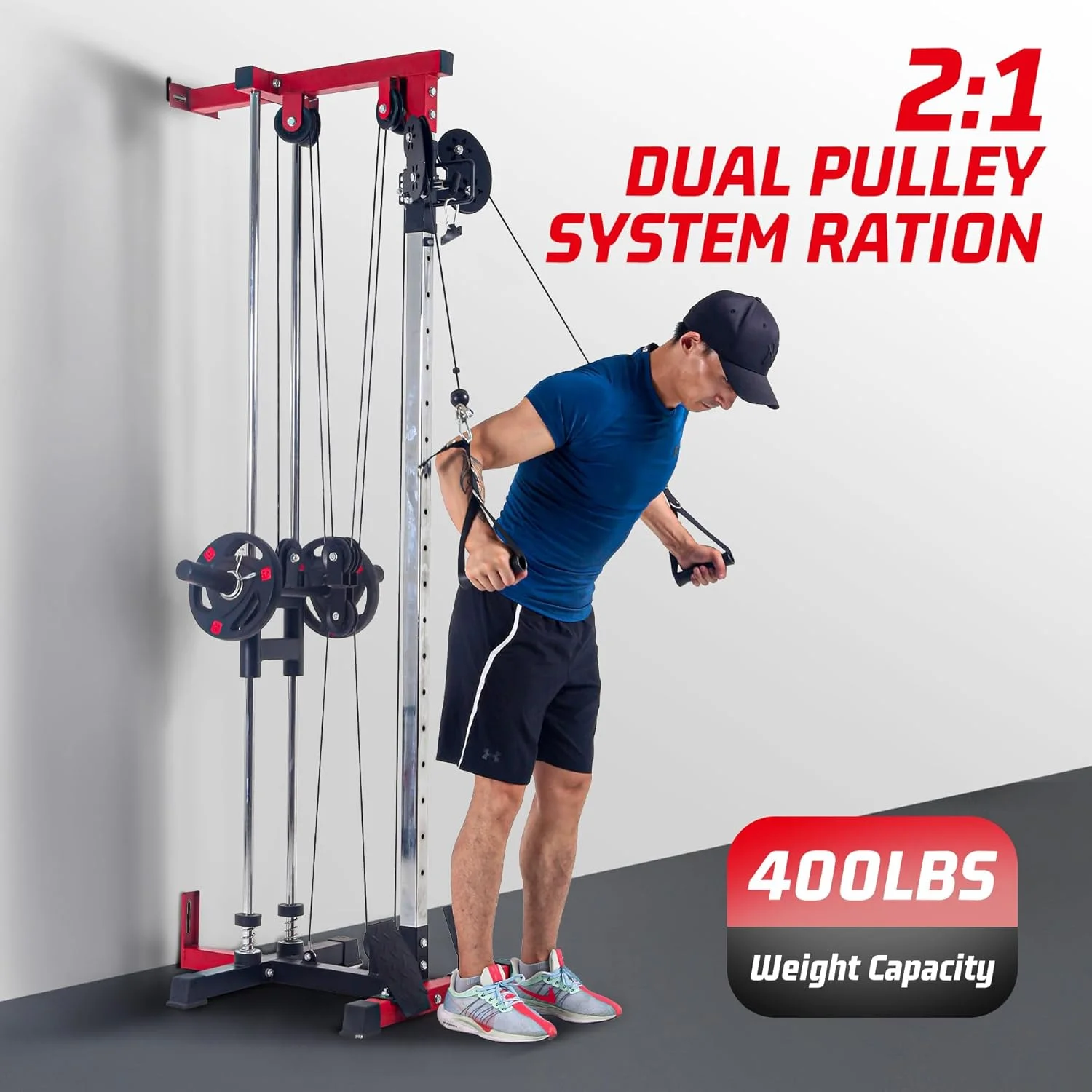 Garvee Wall Mount Cable Machine, LAT Pulldown Machine with Adjustable Pulley System for Home Gym, Cable Crossover Machine with 20 Positions, Weight Pulley System, Cable Towel, Red