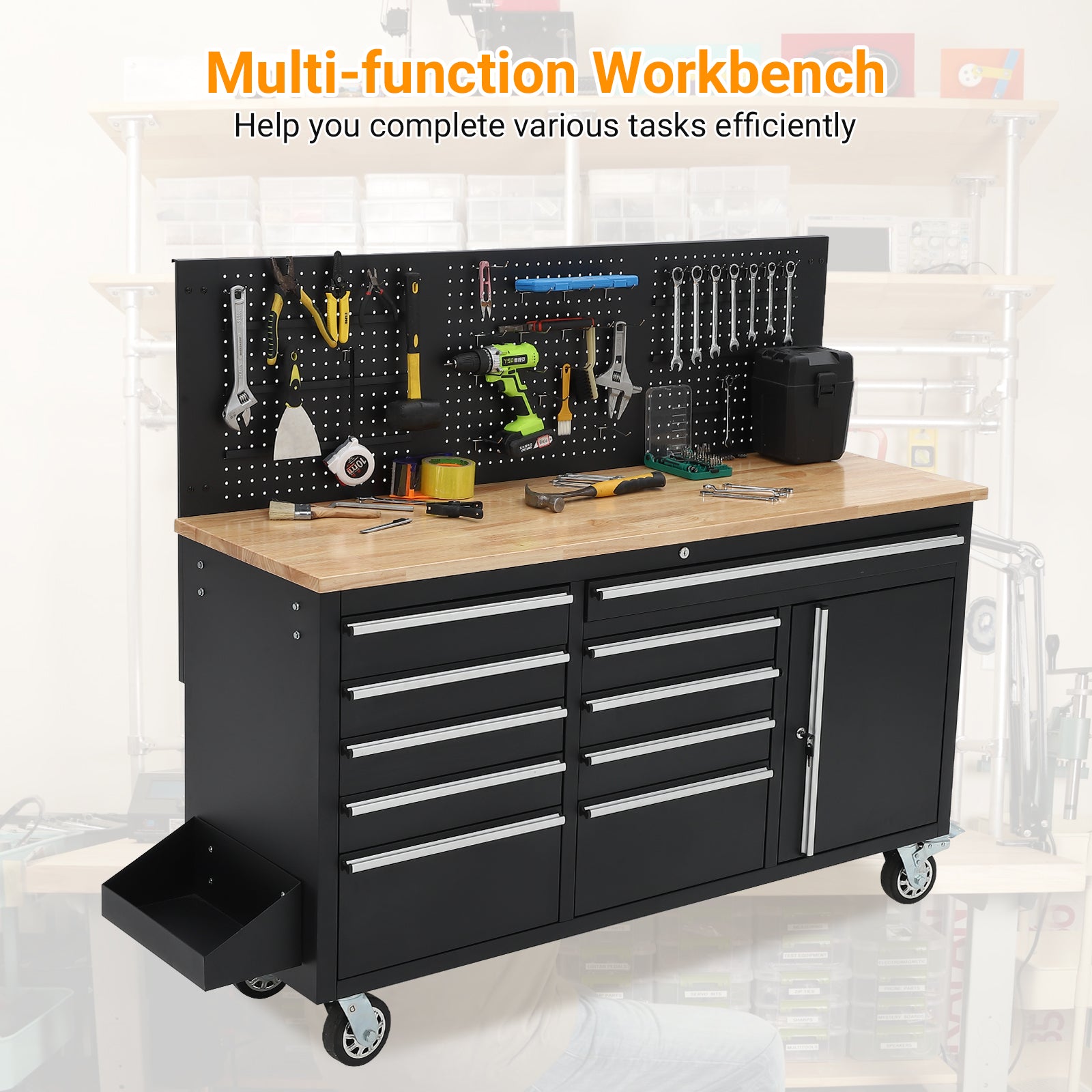 Garvee  61 x 19 Inch Tool Chest Workbench, 61-inch Rolling Tool Chest with Wheels, 10 Drawers, Multifunctional Tool Cart Mechanic Tool Storage Cabinet for Garage, Assembled Large Tool Box Storage Cabinet, Black (Copy)