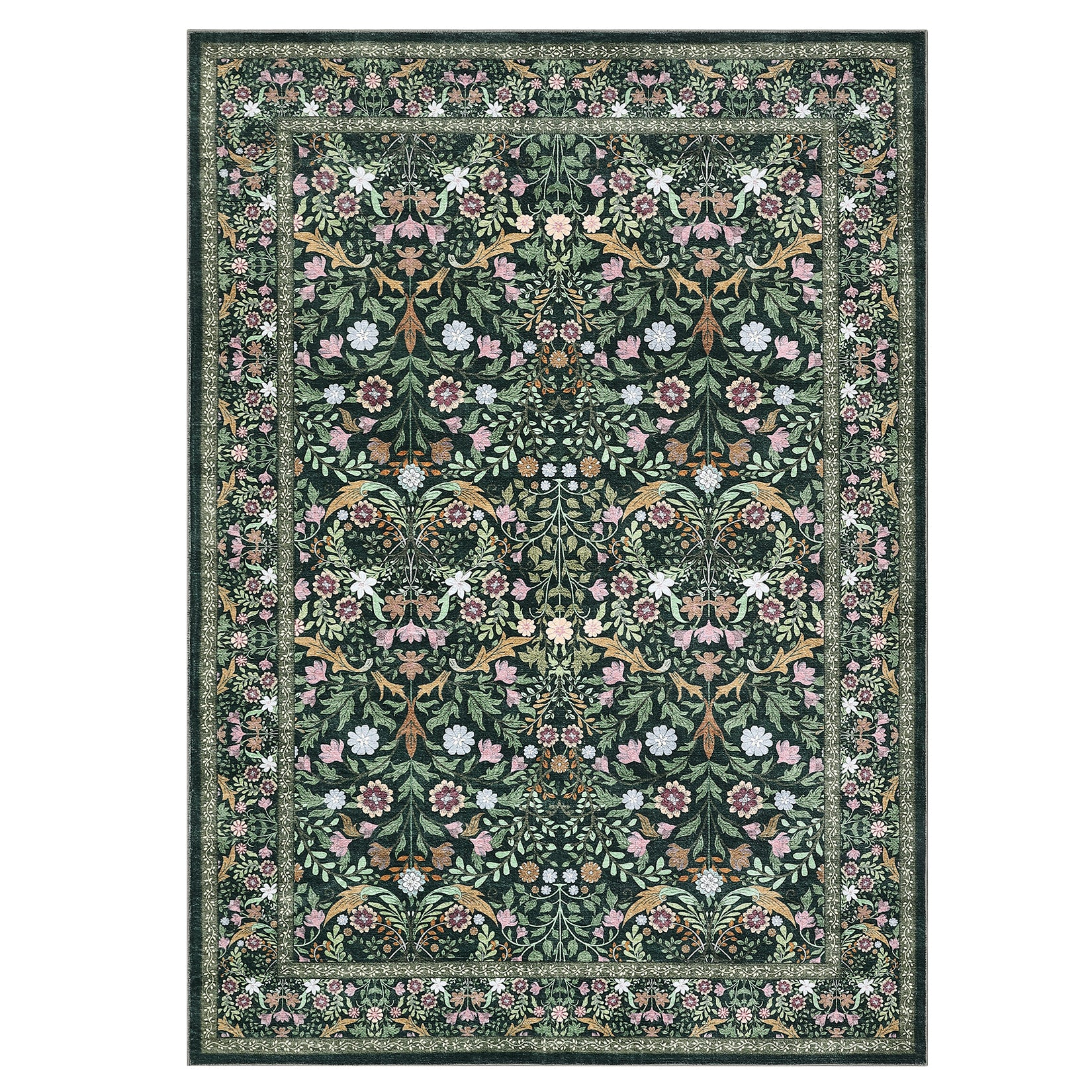 Garvee Floral 9x12 Area Rug Vintage Boho Plush Soft Faux Wool Non-Slip Stain Resistant Dark Green Living Room Bedroom