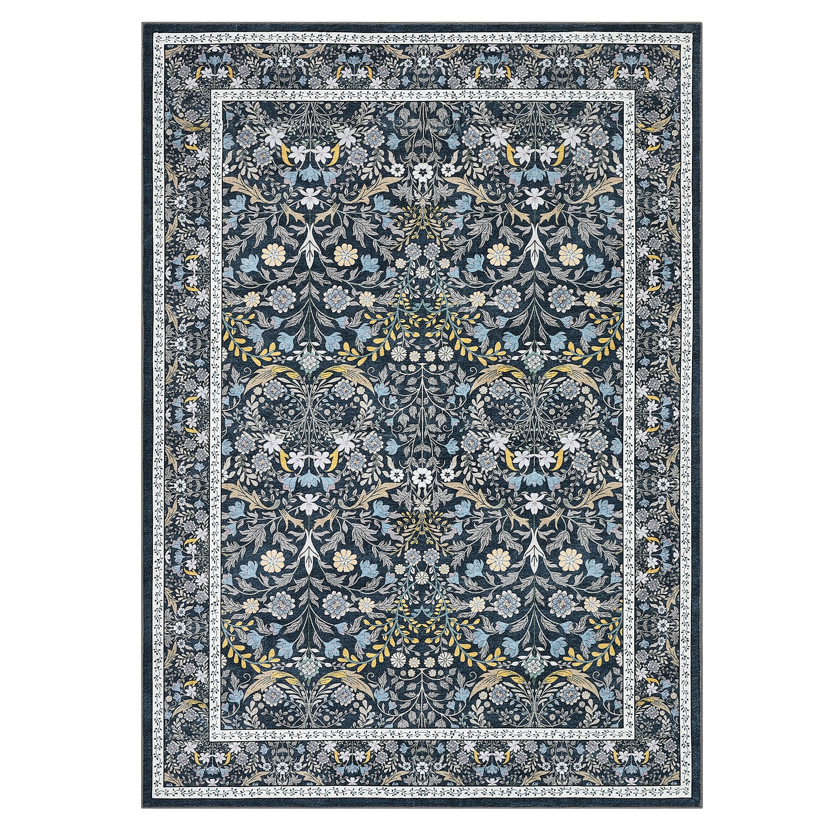 Garvee Floral 5x7 Area Rug Vintage Boho Washable Non-Slip Faux Wool Soft Stain-Resistant Low Pile Blue Living Room Bedroom