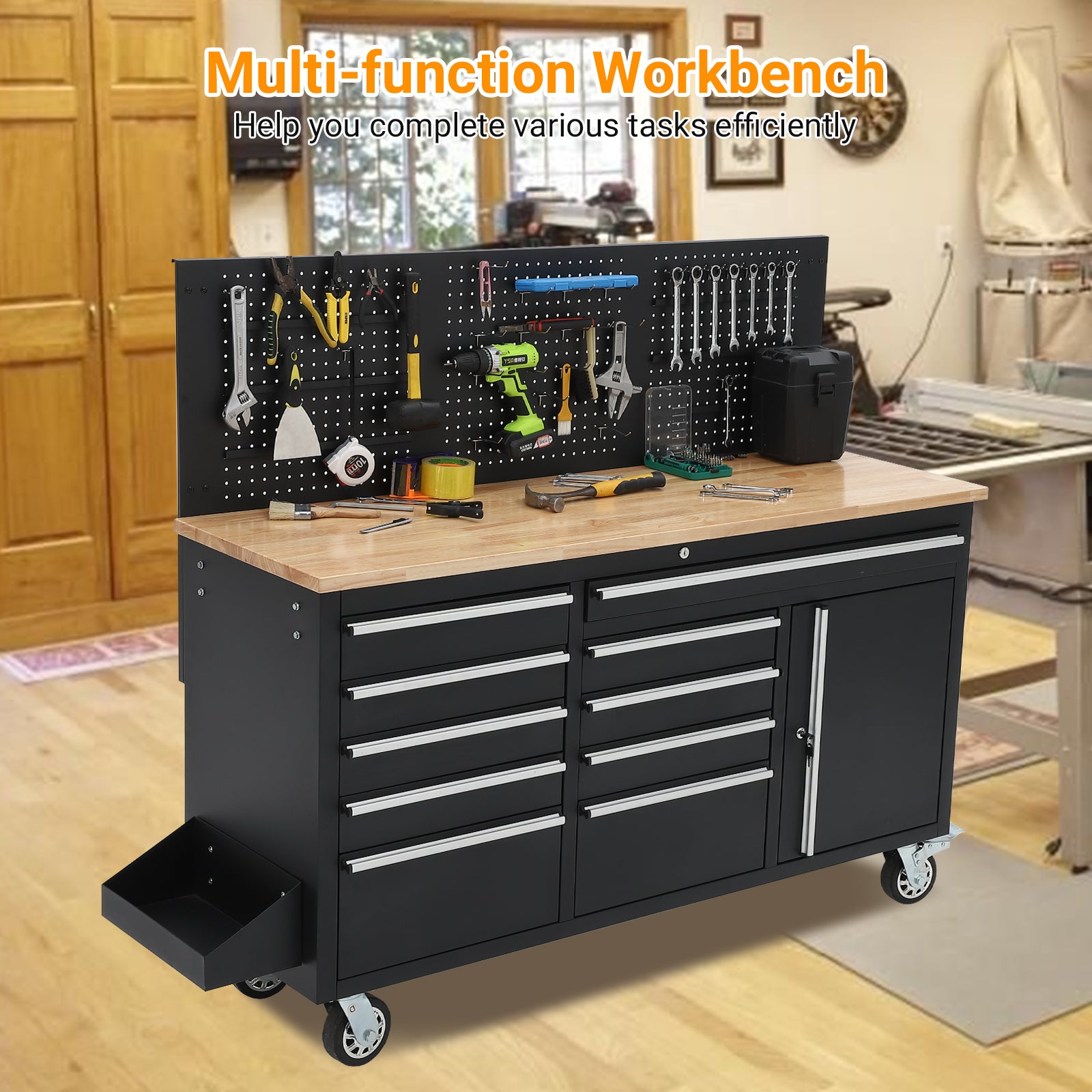 Garvee  61 x 19 Inch Tool Chest Workbench, 61-inch Rolling Tool Chest with Wheels, 10 Drawers, Multifunctional Tool Cart Mechanic Tool Storage Cabinet for Garage, Assembled Large Tool Box Storage Cabinet, Black (Copy)