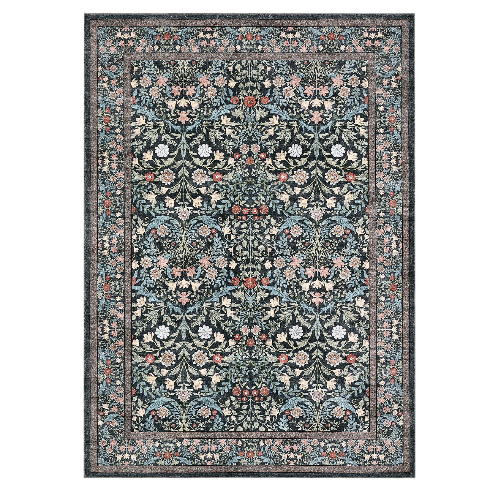 Garvee 8' x 10' Large Washable Floral Botanical Area Rug, Non‑Slip Vintage Carpet for Living Room, Soft Low‑Pile Rug for Dining Room & Bedroom, Black