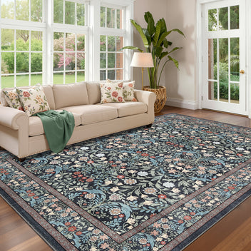 Garvee Floral 8x10 Area Rug Vintage Boho Washable Non-Slip Low Pile Faux Wool Stain-Resistant Kid & Pet Friendly Living Room Bedroom Dining