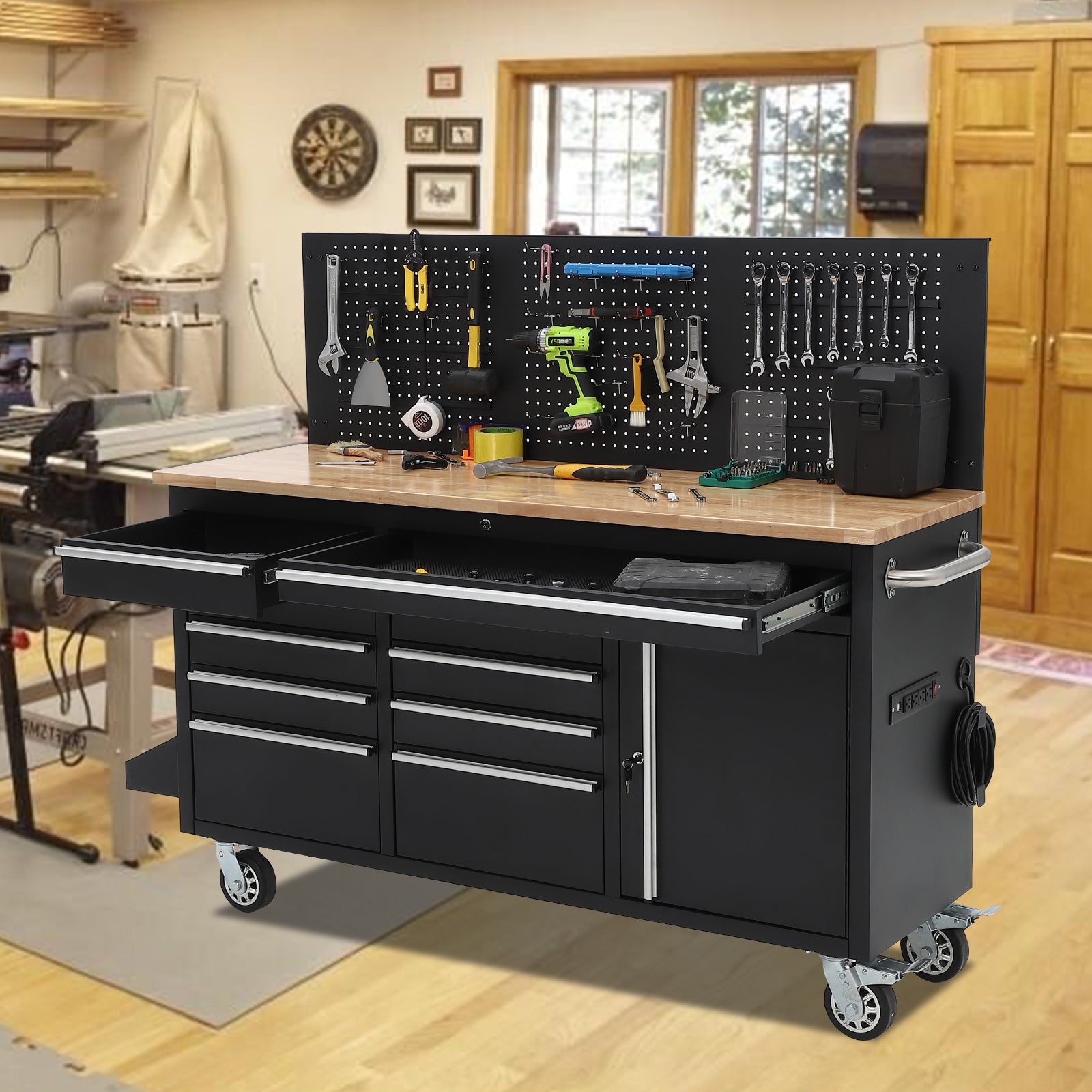 Garvee  61 x 19 Inch Tool Chest Workbench, 61-inch Rolling Tool Chest with Wheels, 10 Drawers, Multifunctional Tool Cart Mechanic Tool Storage Cabinet for Garage, Assembled Large Tool Box Storage Cabinet, Black (Copy)
